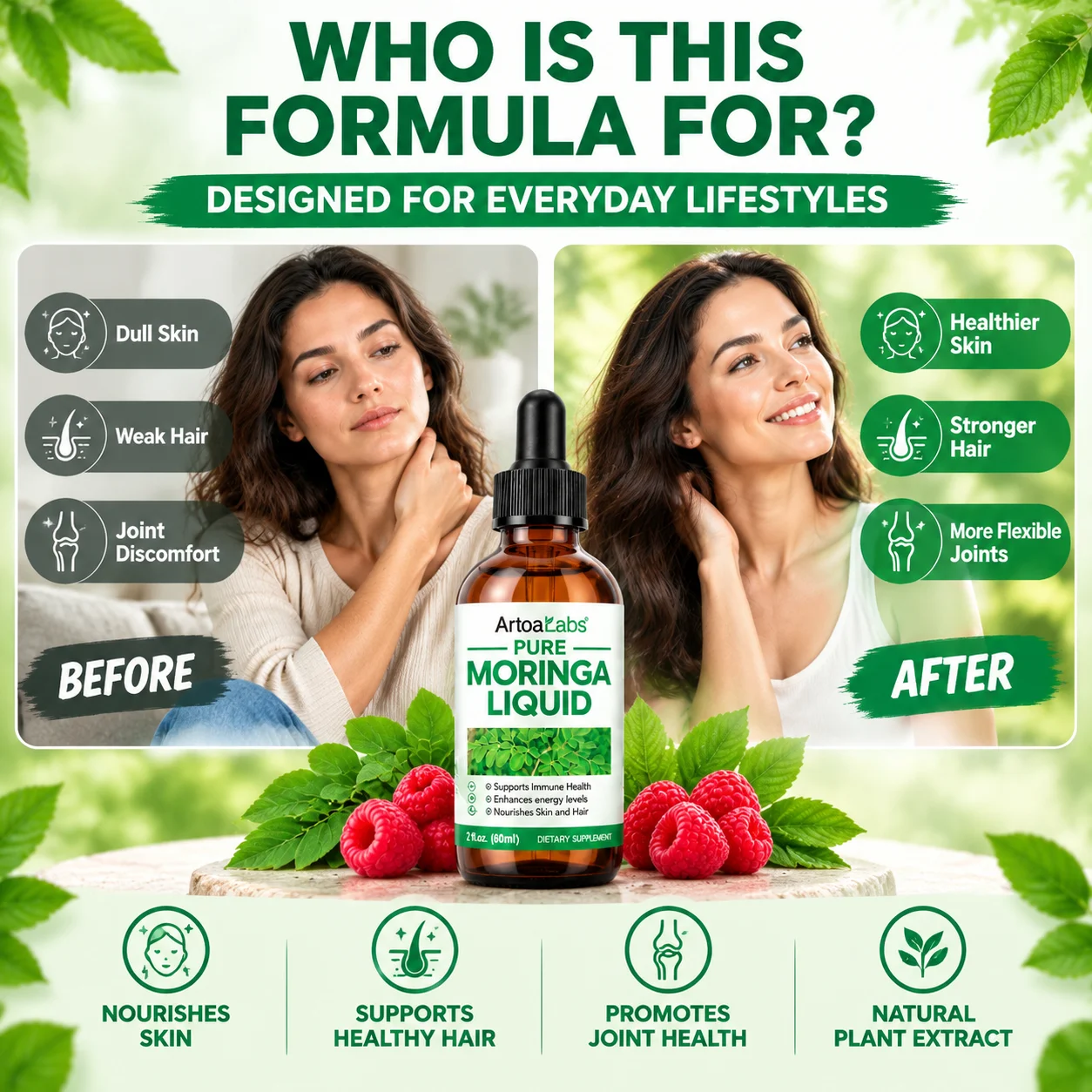Moringa Leaf Extract Droplet Nourish Skin and Hair Improve Joint Health Natural Raspberry Essence Spicy Wood Oil 60ml 30 Days