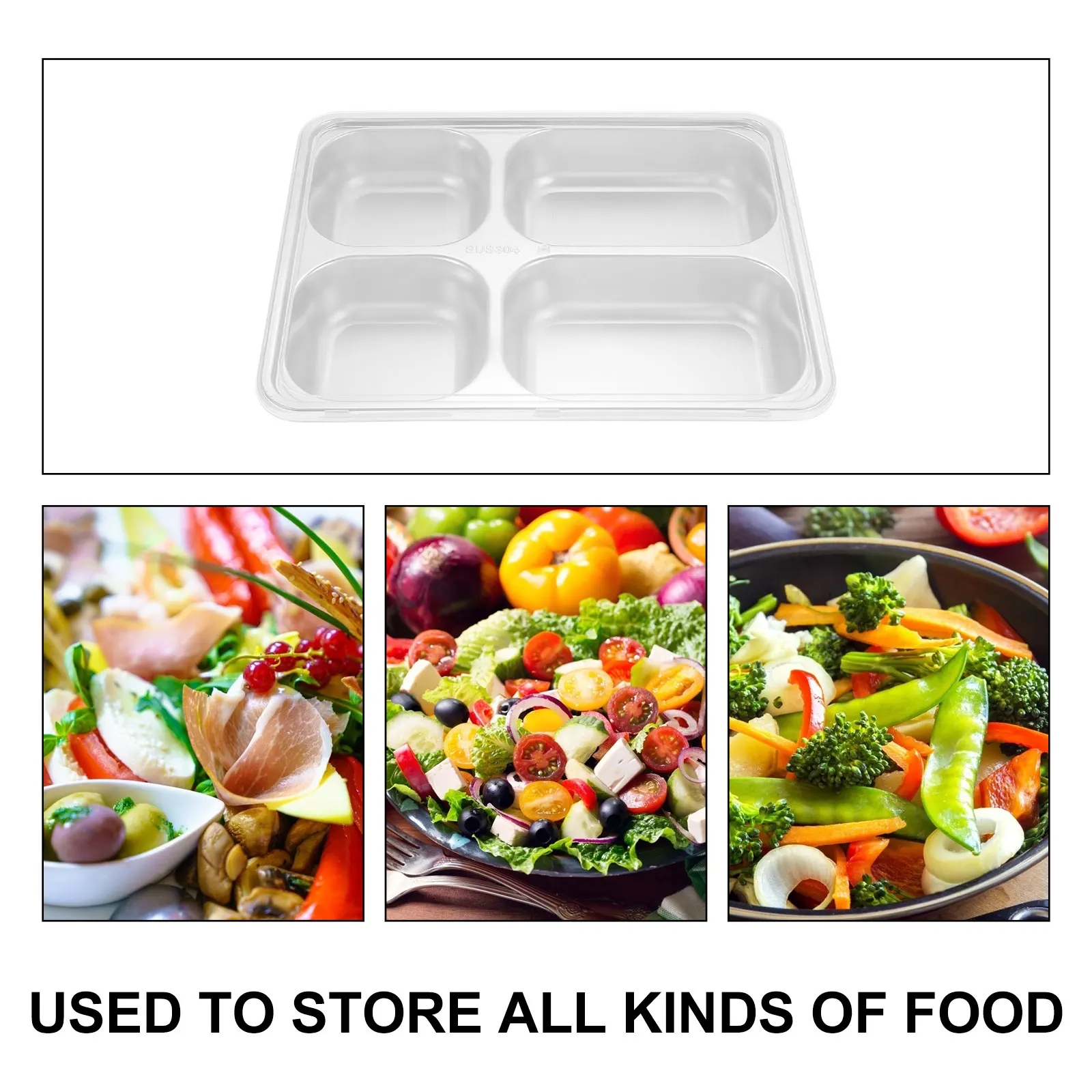 

304 Stainless Steel Dining Plate Four Compartments PP Material Divided Food Tray Camping Picnic Travel Outdoor Activities Safe