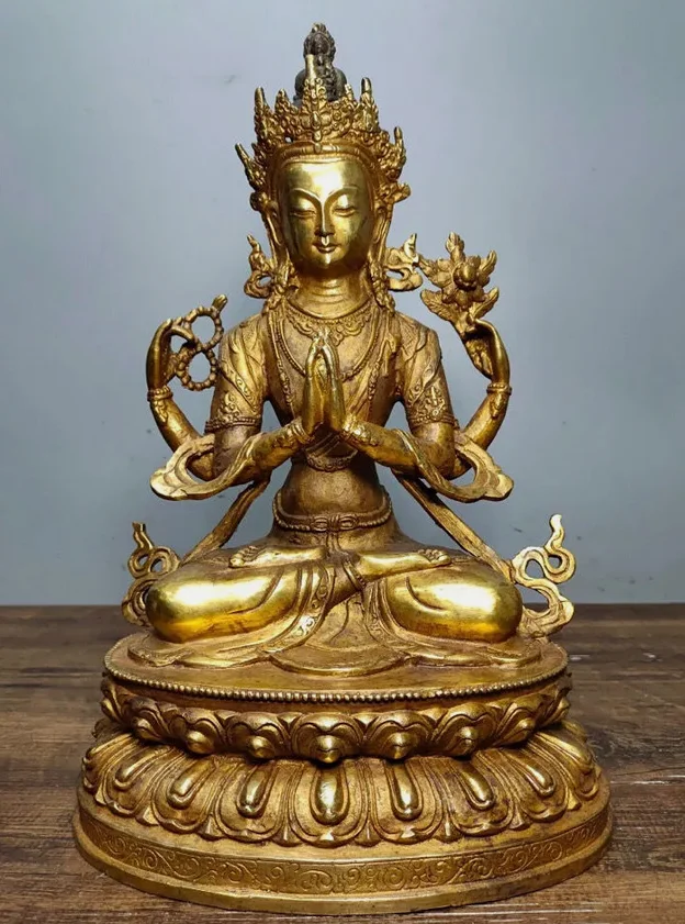 Old Tibet Antique Bronze gilt 4 Arms Chenrezig Kwan-yin Guanyin Buddha Statues