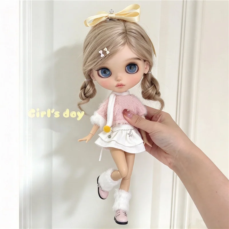 For Blythe Doll Outfit Clothing Cute Girl Winter Plush Dress Yellow Overalls Tops Clothes For OB24 OB22 Small 6/1 Azone Doll