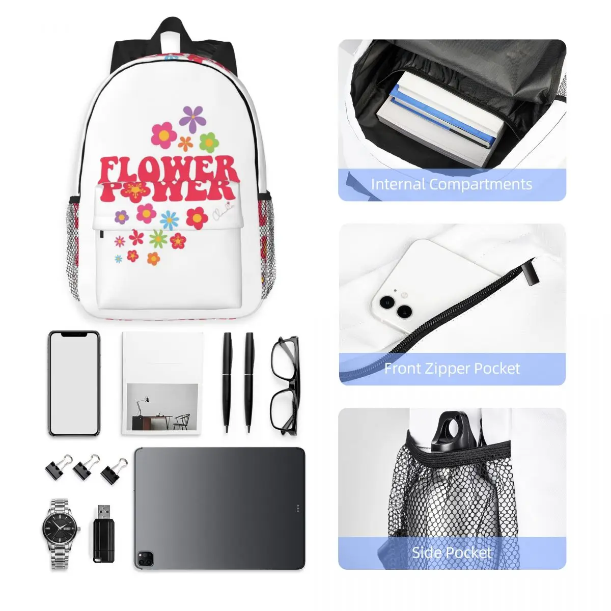 Colorful Flower Power Seamless Pattern Backpack Hot Sale Daypack Large Capacity Boys Girls BookBag Shoulder Bags School Bag
