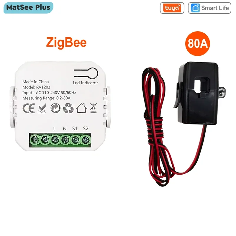 Tuya ZigBee Smart Energy Meter with 80A CT App Display Current Voltage Power Consumption KWh Statistics AC110-240V Need Gateway