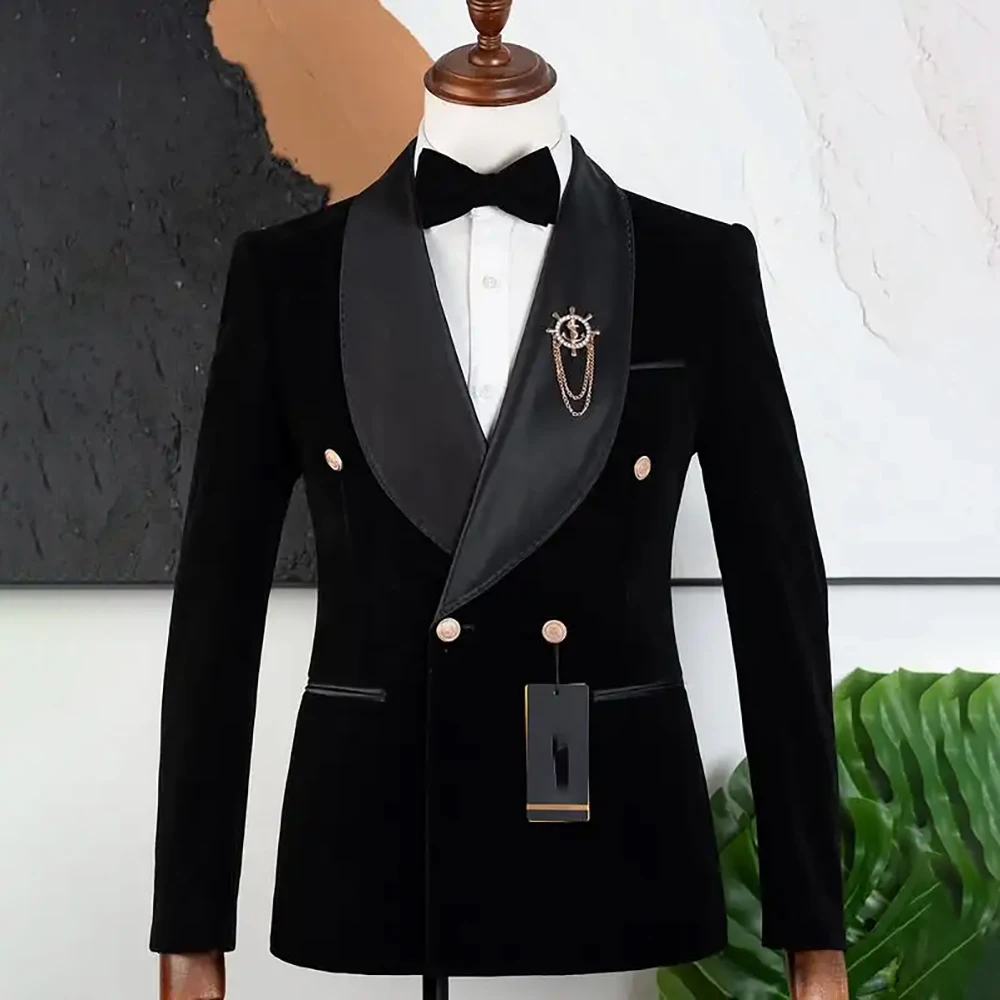 

Luxury Black Velvet Suits for Men Chic Double Breasted Shawl Lapel Slim Fit 2 Piece Jacket Pants Full Sets Customized Clothing