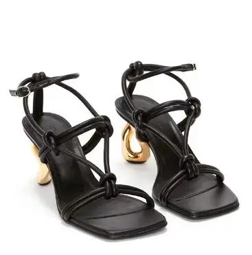 

Black Beige Sky Blue Leather Cross Knot Narrow Bands Square Open Toe Gold Circle Metal Heels Summer Sandals Women Party Shoes