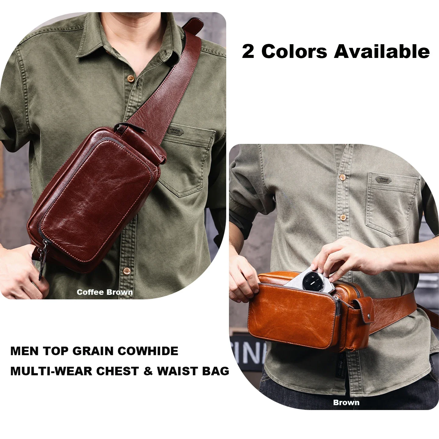 Luxury Men Top Grain Cowhide Sling Chest Bag Real Genuine Leather Waist Pack Portable Casual Small Multi-pocket Phone Holder Bag