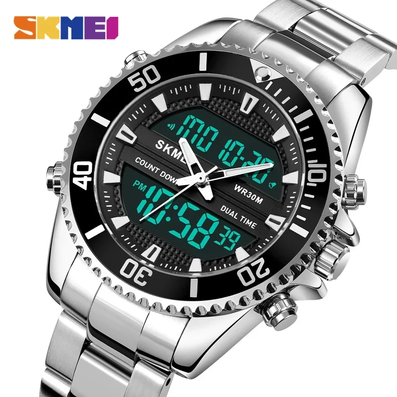 SKMEI Luxury Stainless steel Sport Watches Men Fashion 3 Time Back Light Display Analog Digital Countdown Waterproof Wristwatch