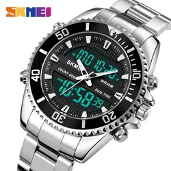 SKMEI Luxury Stainless steel Sport Watches Men Fashion 3 Time Back Light Display Analog Digital Countdown Waterproof Wristwatch