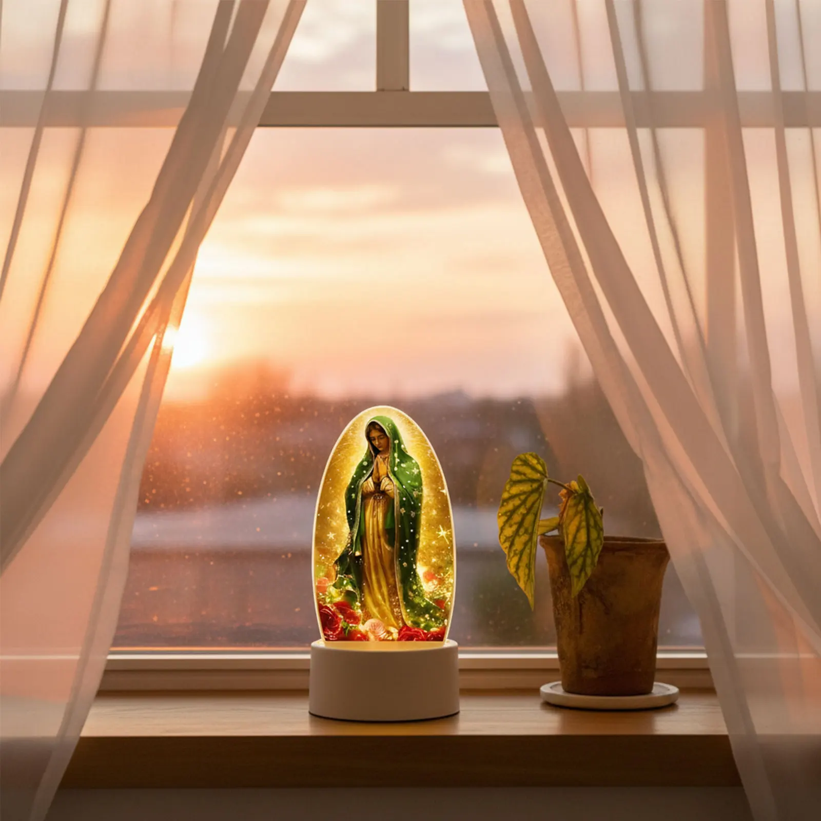 

Молитвенная лампа Девы Гваделупской с основанием, коллекционный сувенир, декоративная настольная лампа с питанием от USB, подарок для женщин и мам