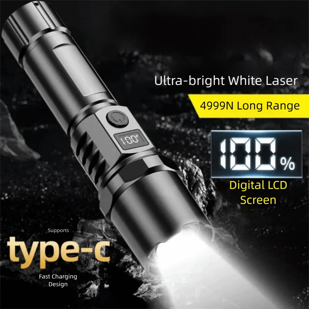 

Ultra Bright Powerful LED Flashlight TYPE-C Charging Long Range Portable Hand Lamp with Power Display Handheld