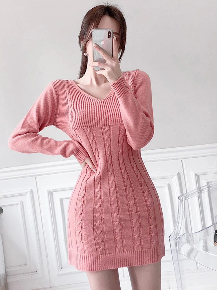 New Autumn Winter Elegant Women Dress Knitted Ribbed Sweater Basic V-Neck Mini Dresses Ladies Female Street Stretchy Inner-Match