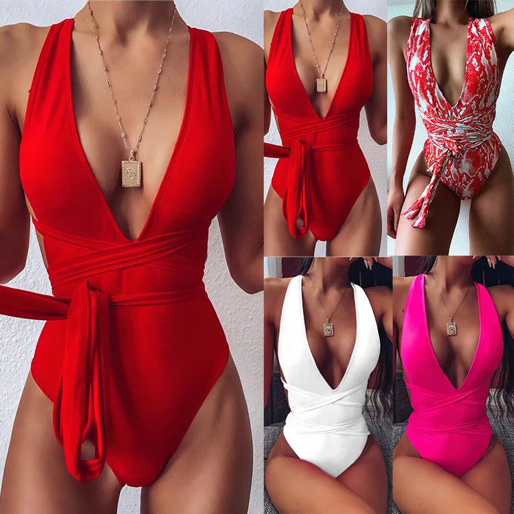 One Piece Swimsuit Women Sexy Solid Red Push Ups Lace Up  Bodysuit Bandage Deep V Neck Backless Bathing Suit Swimwear