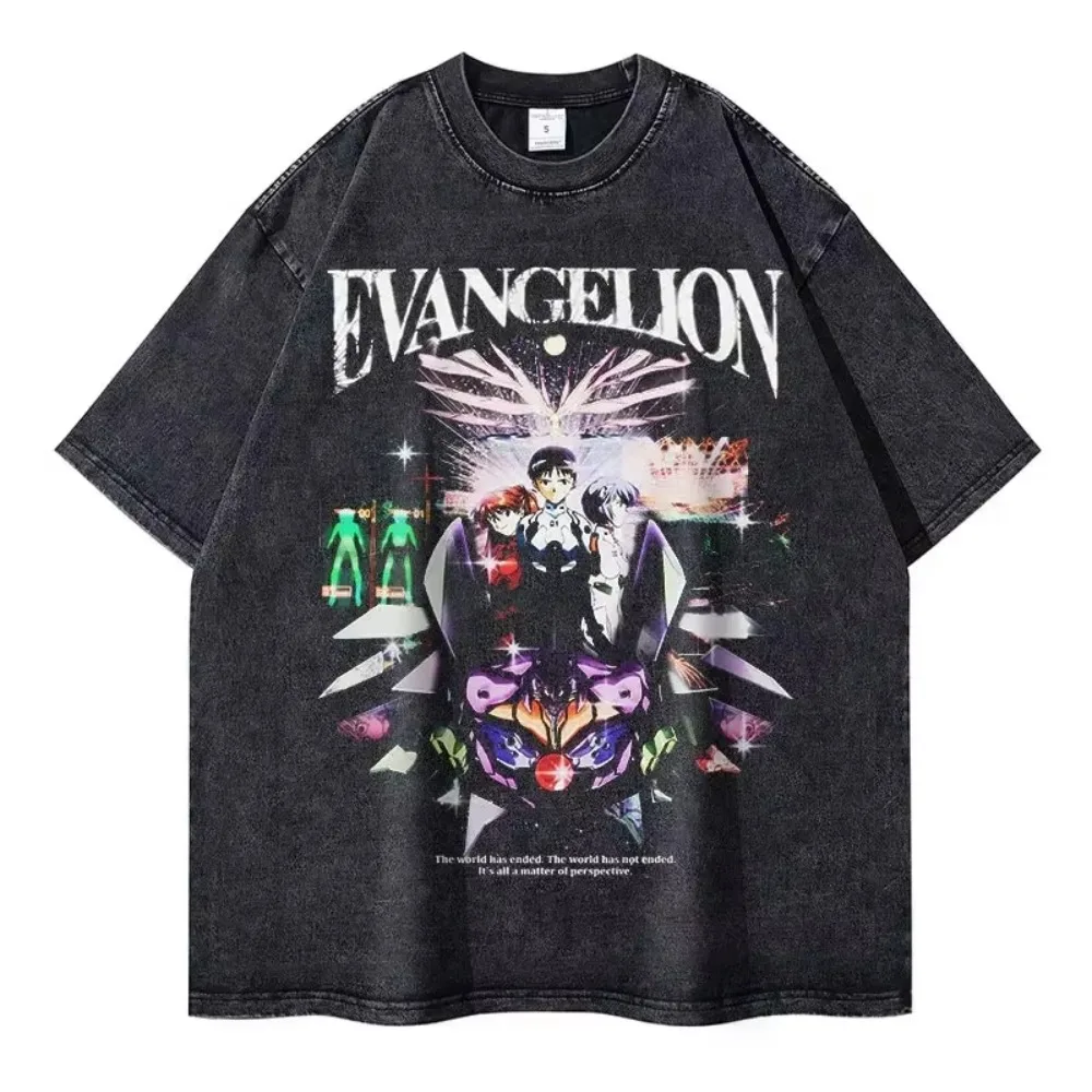 Oversized Men's T Shirts  Clothes EVA Anime Streetwear Brand Vintage Washed Women Short Sleeved Tee Casual Tops Summer Hiphop
