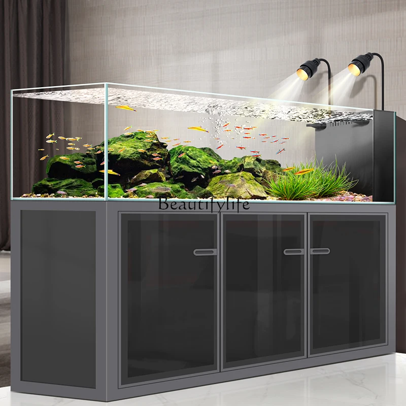 A full set of bottom filters, large living room ultra-white glass overflow fish tank landscaping, aquarium grass tank