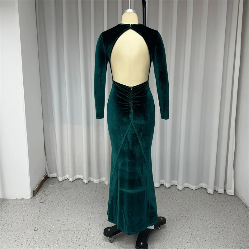 Luxury Green Velvet Backless Long Dress For Women Bodycon O-Neck Long Sleeve Nipped Waist Pleated Zipper Evening Party Vestidos