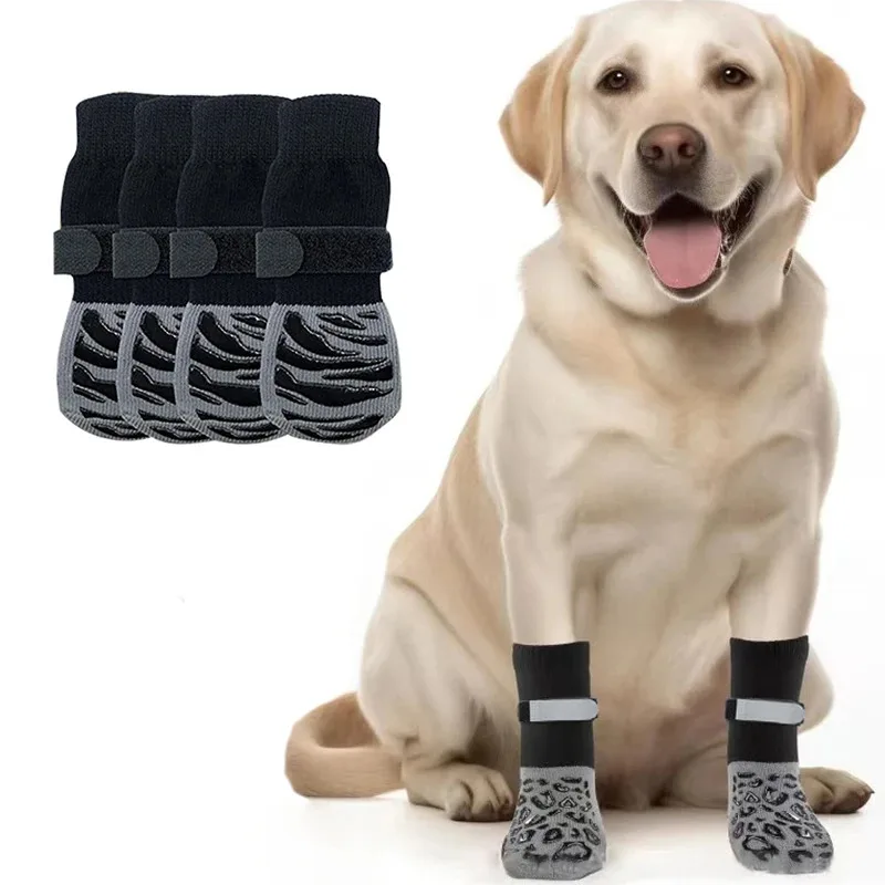 4pcs Anti-Slip Pet Dog Socks Paw Protector Traction Control Adjustable Indoor Wear Knitted Pet Socks Machine Washable