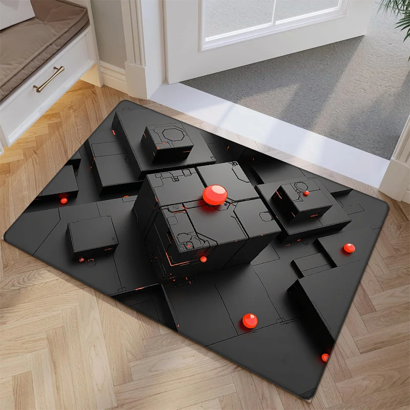 1pc Futuristic Black & Red Geometric Welcome Mat - Non-Slip, Absorbent Flannel Mat with Smooth Surface,  Thick - Perfect
