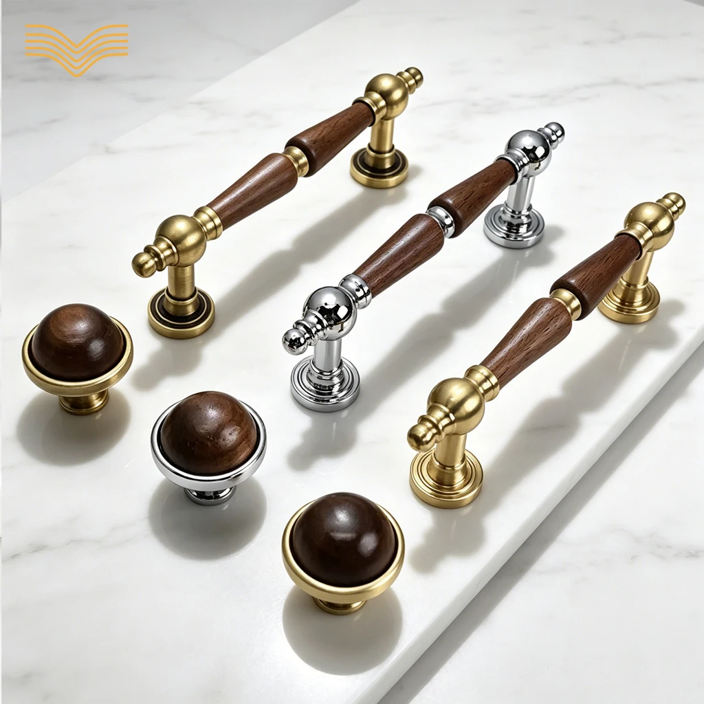 Black Walnut Vintage Wabi Sabi Cabinet Pull Handles Mid Century Solid Brass Round Knobs For Wardrobe Cupboard Drawer Door