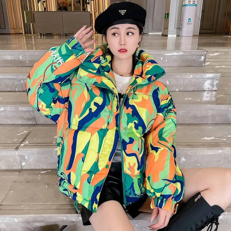 Warm Winter Cotton Jacket Women 2024 Graffiti Print Fashion Hooded Short Parka Coat Girls Thick Streetwear Hip-hop Padded Jacket