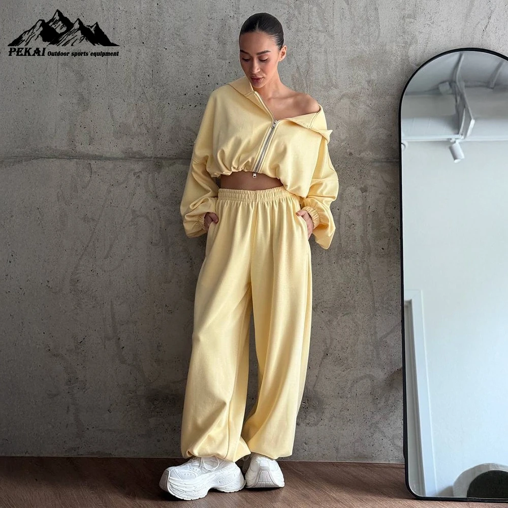 

Hooded Short Top and Pants Set European and American 2025 Autumn New Style Zipper Hoodie Leg Binding Pants Set Women