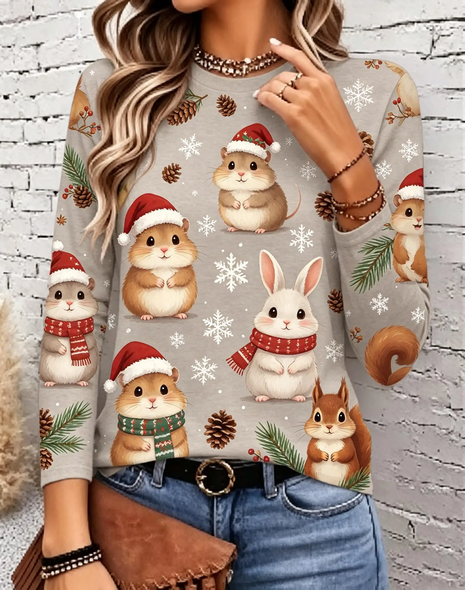 Women Long Sleeve Shirt Round Neck Casual Top Christmas Hamster Rabbit Squirrel Snowflake Print Holiday Fashion Loose Daily Wear