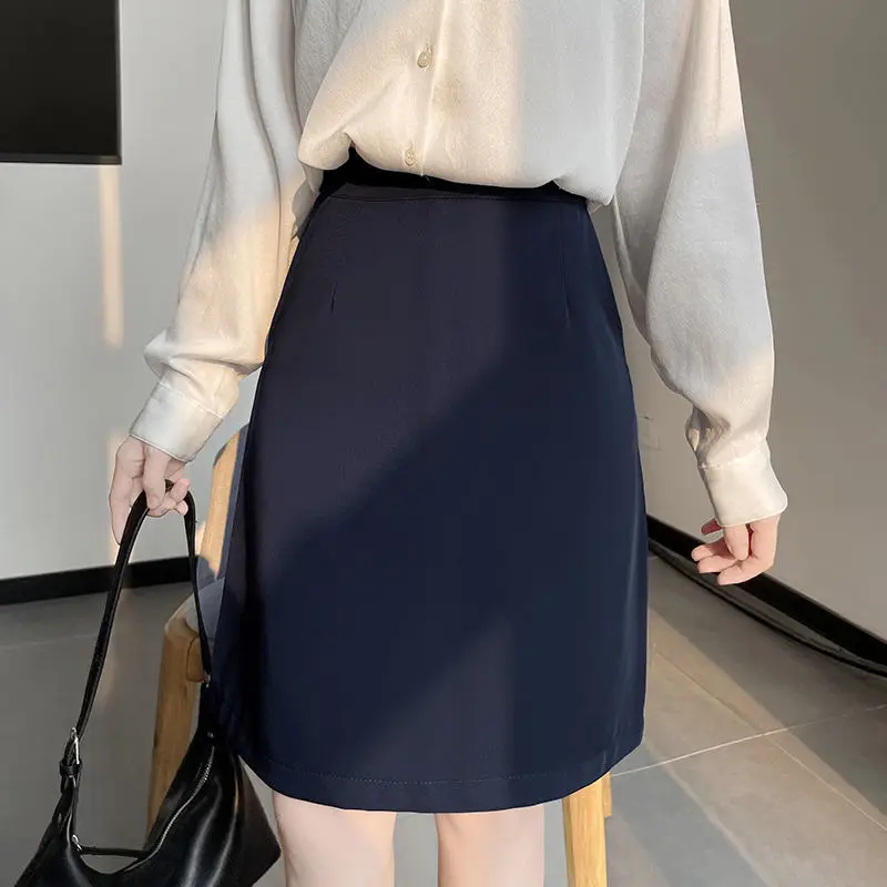 Saias femininas avental de algodão retalhos saia alargamento cafeteria workwear retro utilitário bolso moderno mulher madura escritório wear