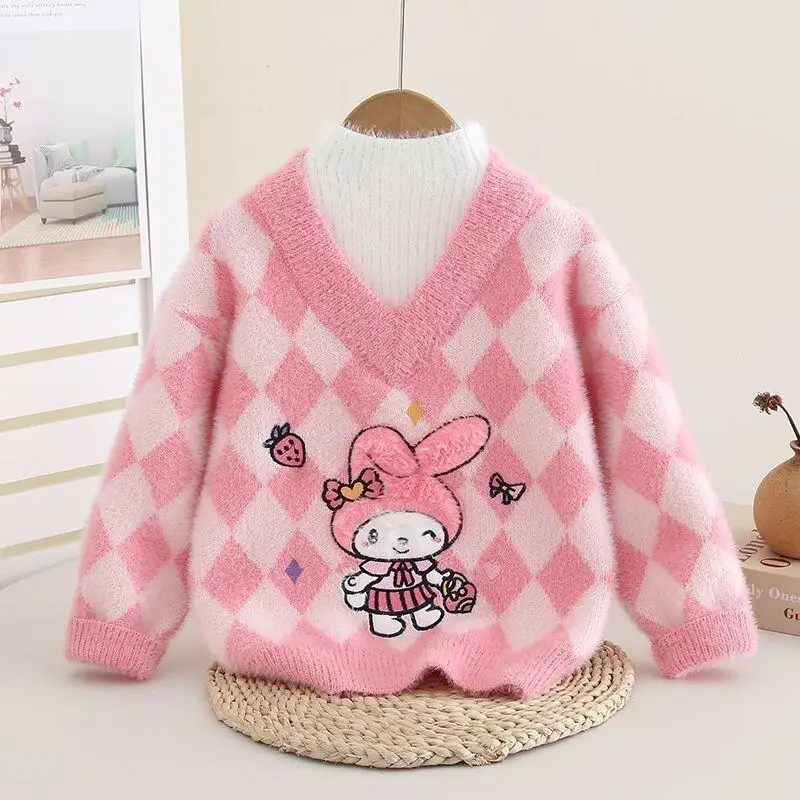 

Sanrio Kuromi My Melody Girls Sweater Winter 2025 Thick Knitted Pullover Tops Cute Cartoon Plaid Pattern Casual Outfit For Kids