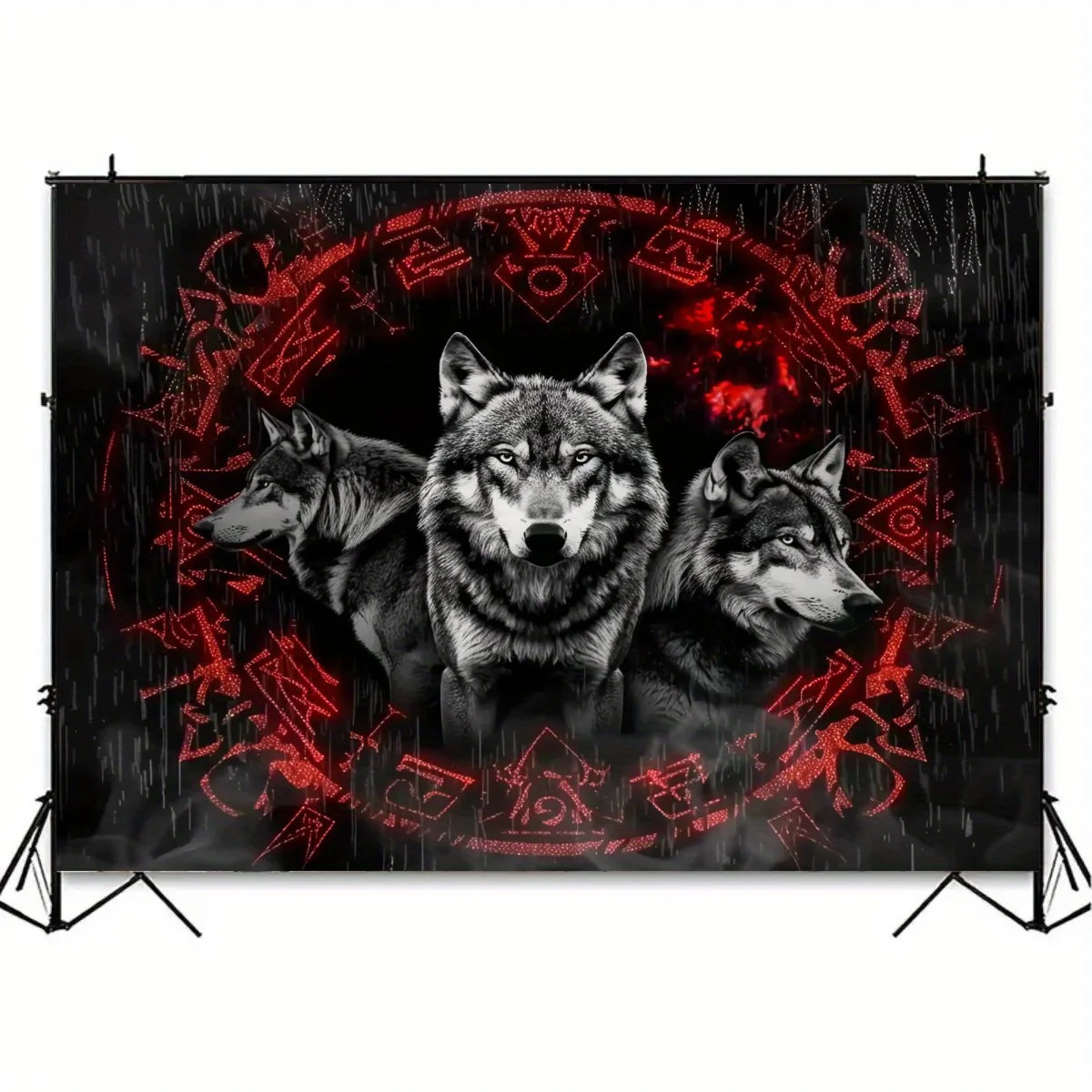 Mystical Wolf Tapestry with Tribal Symbols and Fiery Background for a Dramatic Wall Accent
