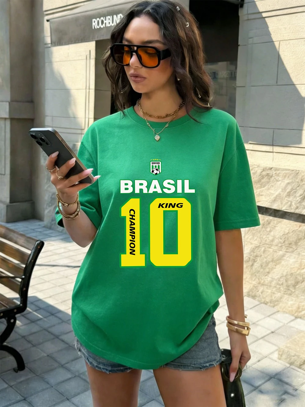 Brasilien Fußball 10 Prints Baumwoll-T-Shirts für Damen, Sommer, übergroße Oberteile, O-Ausschnitt, weiches Kurzarm-T-Shirt, einfache, bequeme Kleidung