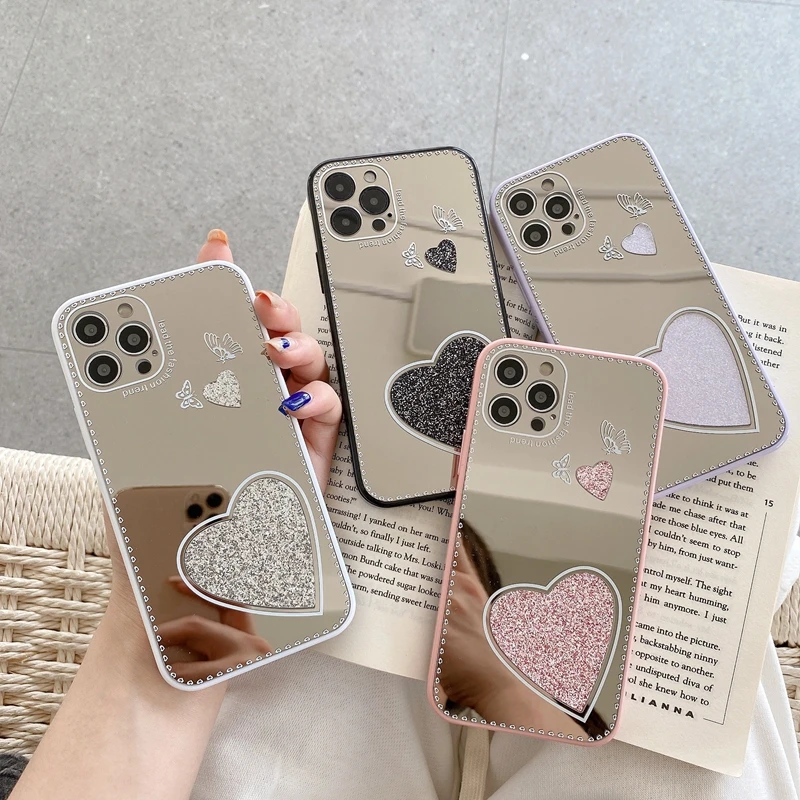 

Luxury Love Heart Mirror Butterfly Phone Case For iPhone 14 13 12 11 Pro Max XS X XR 7 8 Plus SE Mini Bumper Back Cover