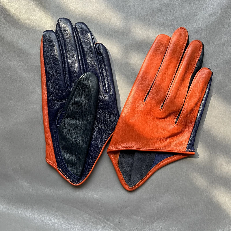 Guantes ultracortos de piel de oveja para mujer, guantes de media palma con bloques de color contrastante, guantes elegantes para conducir en motocicleta, geniales