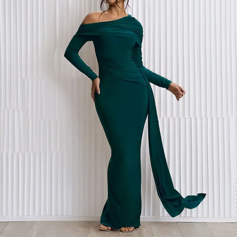 

TOY-Women's Clothing2025Spring New Fashion Sexy Asymmetric Shoulder Evening Dress Slim Fit Bodycon Dress