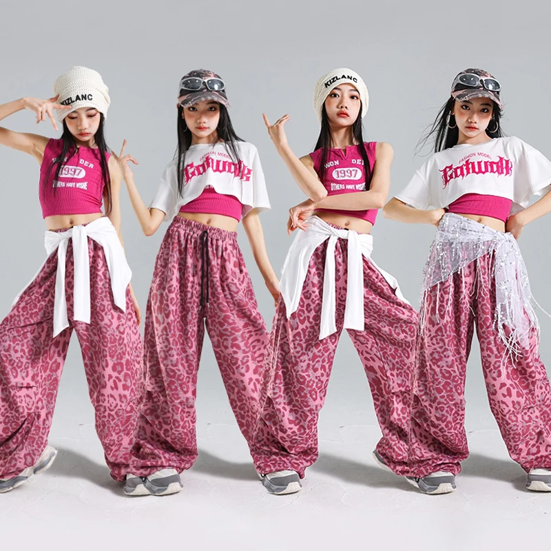 

Летний наряд для джазовых танцев, сценический костюм Kpop для девочек, розовые брюки с леопардовым принтом, детская одежда в стиле хип-хоп для уличных танцев 1885