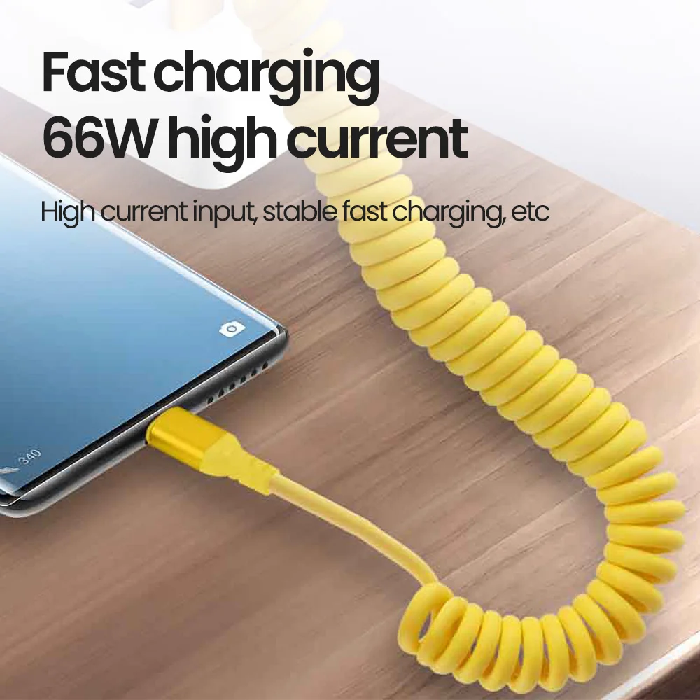 66w Car Spring Fast Charging USB Cable Multicolor USB A/USB C to Type C Cable USB C Data Cord For iPhone 15 16 pro Xiaomi Huawei