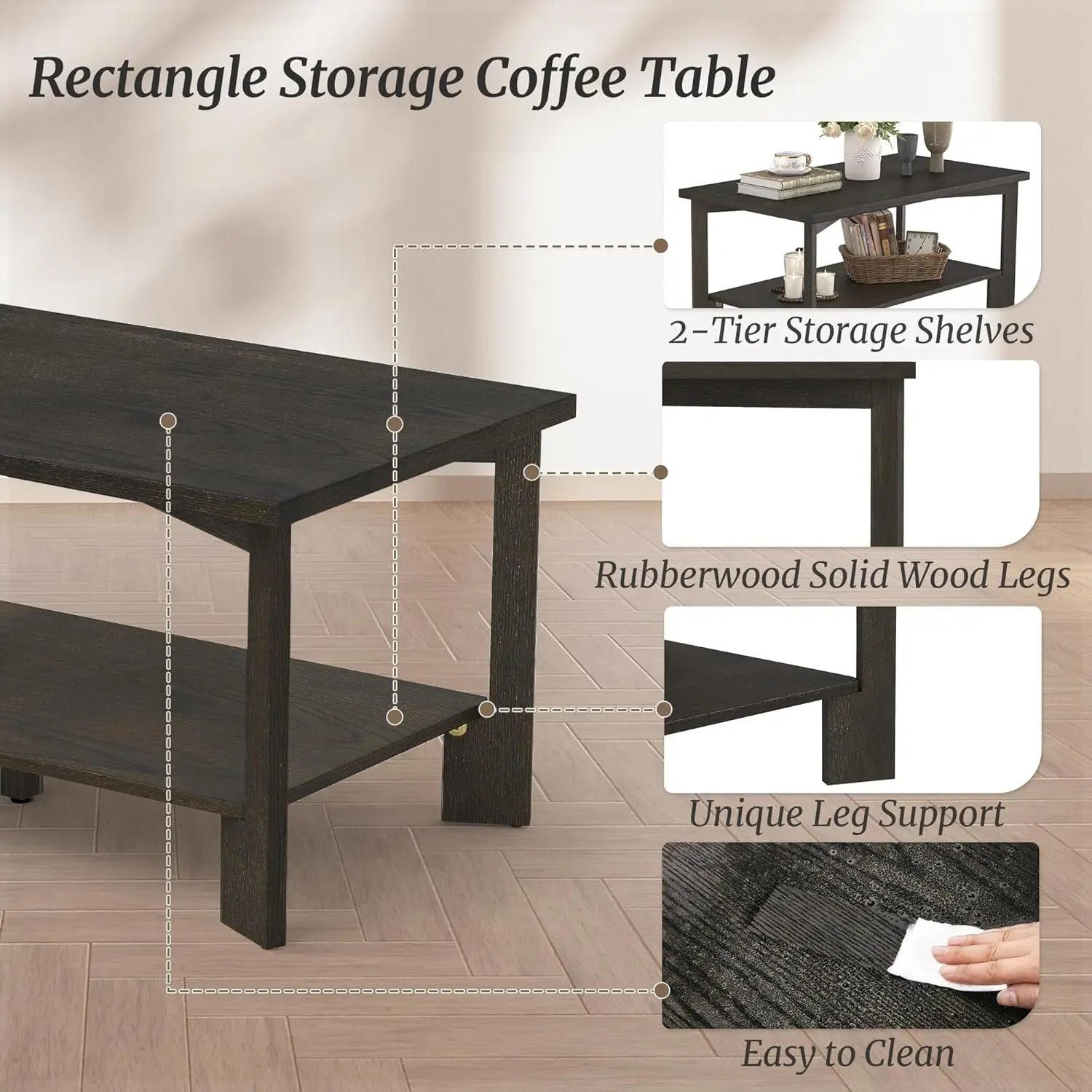 39 Inch Coffee Table,Wood Rectangle Modern Center Table With 2-Tier Storage Shelf For Living Room,Dark Brown