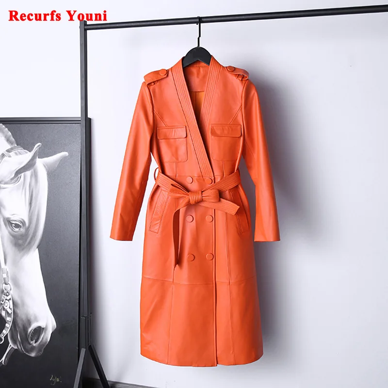 Manteau long en cuir à double boutonnage pour femme, coupe-vent à col en V, ceinture à lacets, coupe couvertes, chaud, orange, hiver, 2022