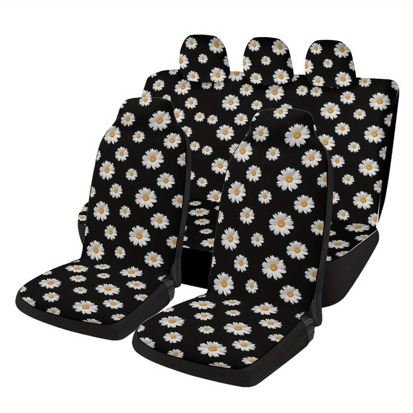 

7pcs Casual Plant Small Floral Pattern Black Background Print Car Interior Covers, Breathable And Non-Slip, Suitable For Five- C