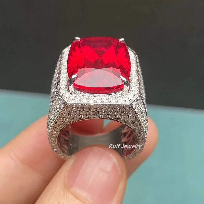 Ruif 925 Silver Gorgeous Charming Cushion 13x18mm 19ct Lab Grown Ruby Rings for Men  Vintage Lucky Unusual Jewelry