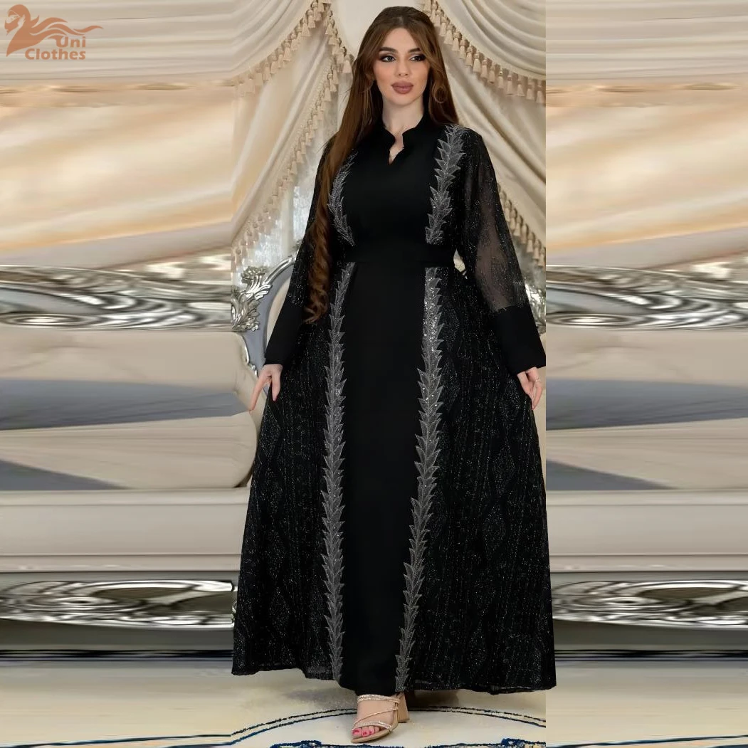 

Uni Dubai Turkish Ethnic Floral Embroidery Sequins Belted Evening Gown Eid Al-Adha Saudi Arab Djellaba Clothing Ramadan Eid