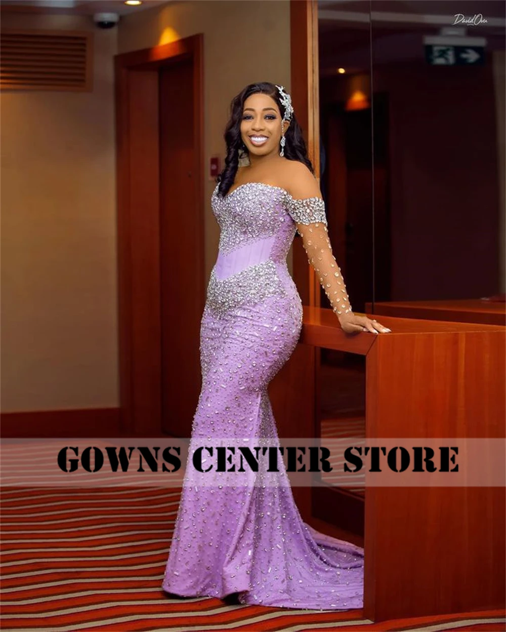 Lilac Off Shoulder Sliver Crystal Beaded Three Quarter Sleeve Aso Ebi Evening Dresses Party Wedding Mermaid African Customized