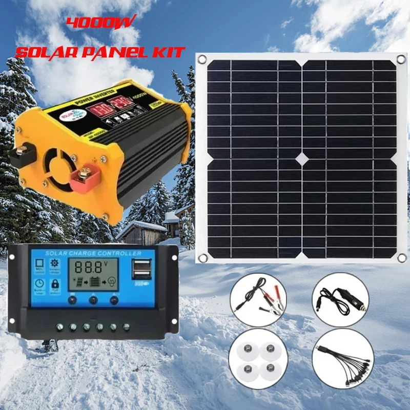 4000W Solar Panel Inverter Power 110V-220V Inverter Kit 100A Controller Generation Kit Intelligent Power Solar Home RV Yacht