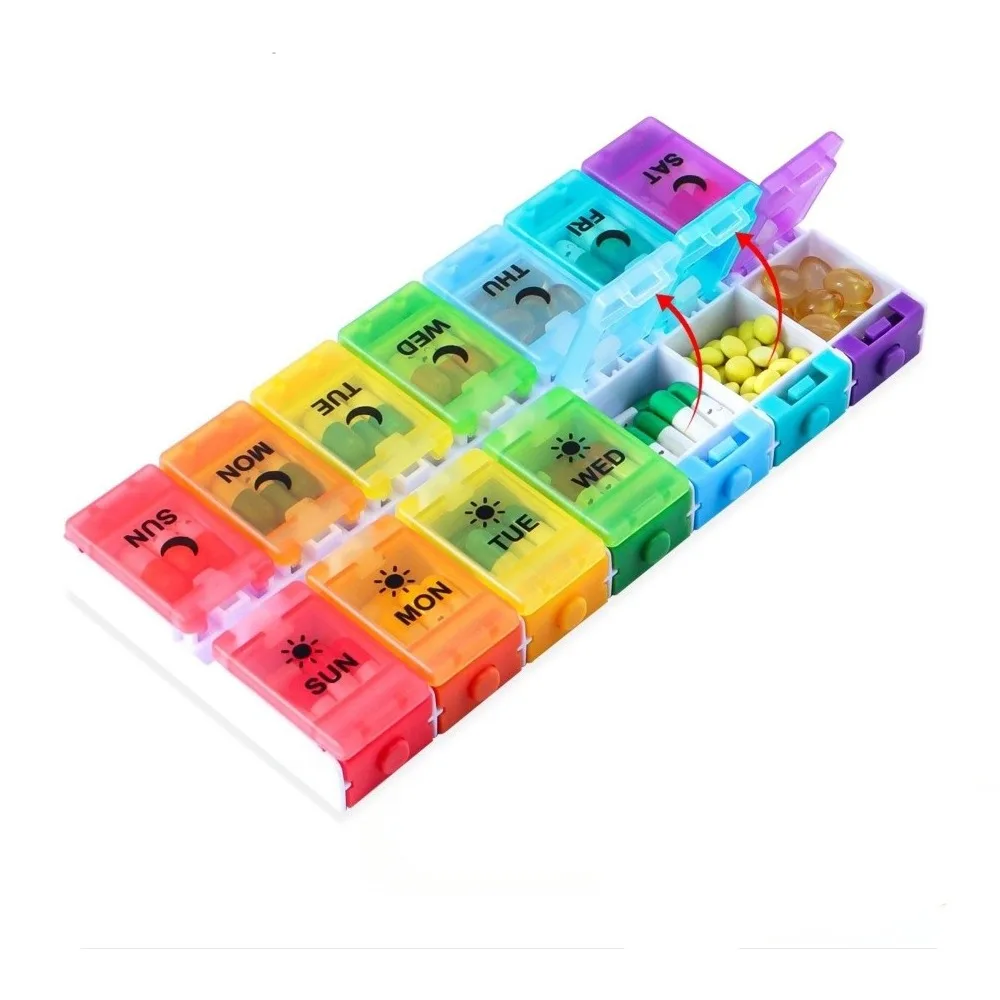 

Weekly Button-Press Lid Pill Box 7 Days Storage 14 Grids Pills Container with Compartments Portable Travel Pill Cases Box
