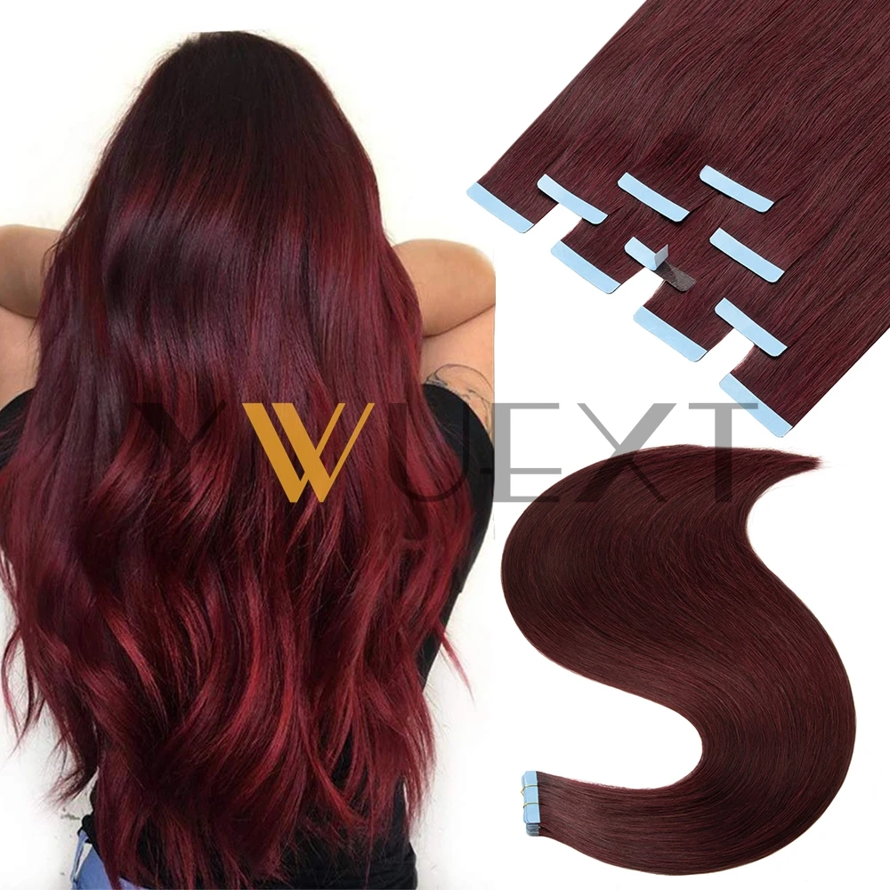 

Бордовая лента для наращивания натуральных волос 12-24 дюйма, натуральная прямая бесшовная лента для волос на двухсторонней ленте, 20 шт., 30 г/упак.