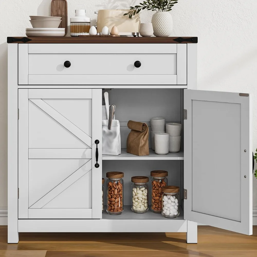 

Farmhouse Storage Cabinet with 2 Doors, White Kitchen Cabinet with Walnut Countertop, Freestanding Floor Storage Cabinets Hutch