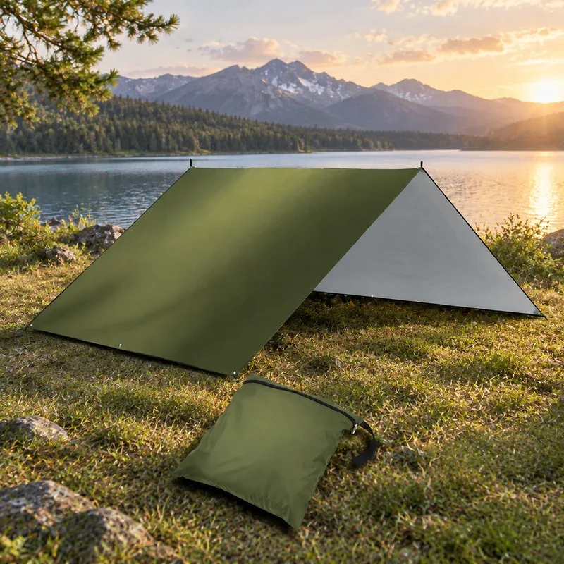 Lona parasol con revestimiento plateado resistente al agua, ideal para acampar al aire libre, hacer barbacoas y picnics. Disponible en varios tamaños, desde 3x3 hasta 4x5.
