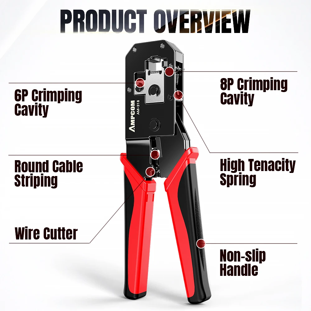 AMPCOM RJ45 Crimping Tool Ethernet Network LAN Cable Crimper Cutter Stripper Plier 8P RJ45 6P RJ12 RJ11 for Modular Connector