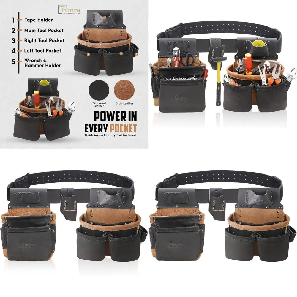 

Rugged Leather Tool Belt with Pouch for Drywall, Carpentry, and Construction Professionals