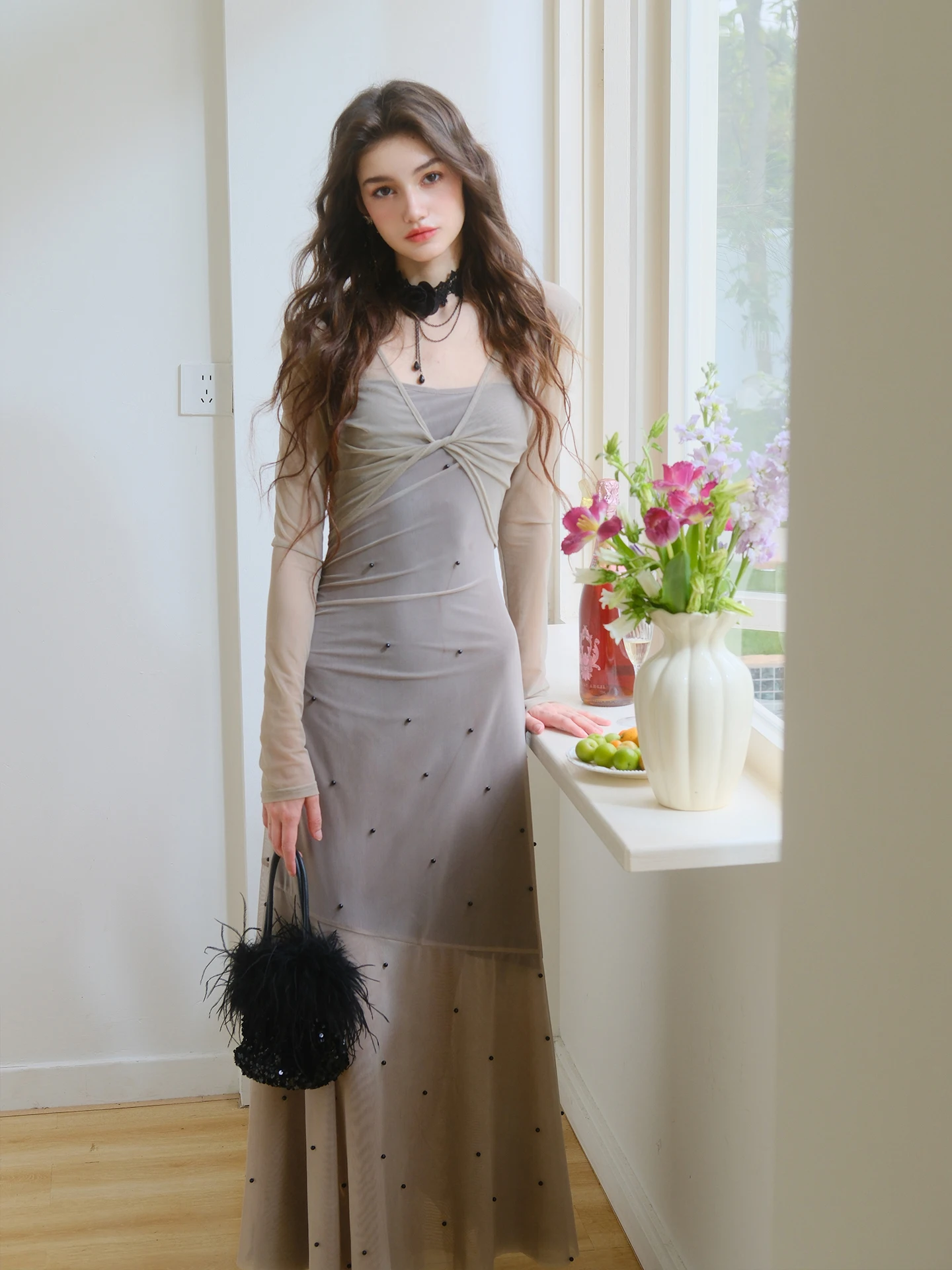 

Elegant Fashion Beaded Fabric Slimming Comfortable Dress Peter Pan Uncle's Encounter Series French Style H Version Nylon Dress