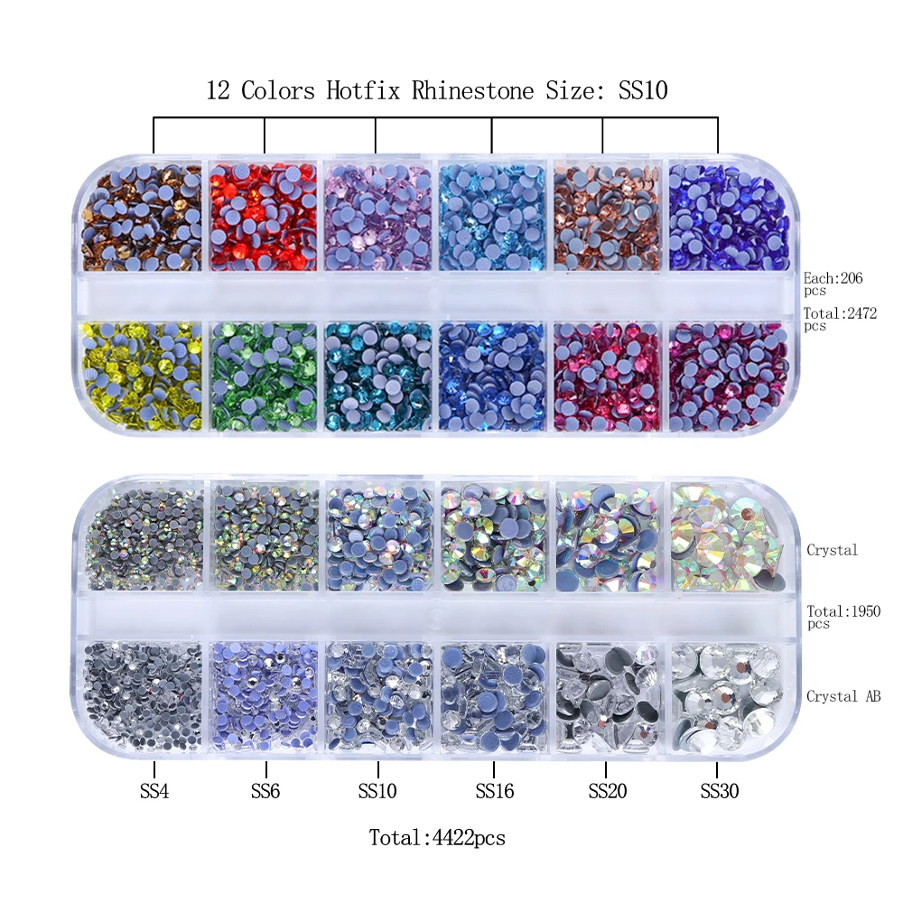 12칸 혼합 모양 크기 네일 아트 라인스톤 크리스탈 3D 글리터 다이아몬드 장식 네일 부품 액세서리 의류용