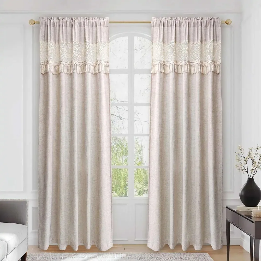 Faux Linen Hollow Tassel Curtain - Light Filter Rod Pocket Window Drapes for Living Room, Bedroom, Office Privacy Protection