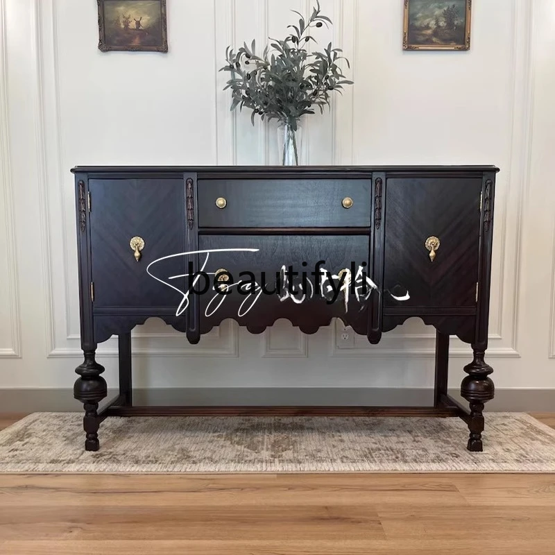 

French retro solid wood dining side cabinet entrance door entrance storage cabinet American carved locker